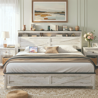 Sunvega Queen Bed Frame with LED Lights Headboard Charging Station and Hidden Storage