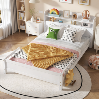 Sunvega Full Pine Wood Bed with Bookcase Headboard and LED Motion Sensor Light