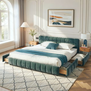 Sunvega Modern King Size Upholstered Bed with Storage Drawers and Soft Chenille Fabric