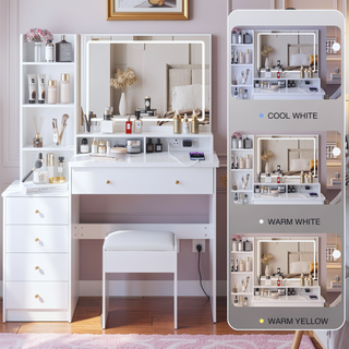 Sunvega 41 Inch Large Size Left Bedside Cabinet Vanity Table with Cushioned Stool