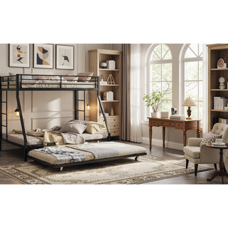 Sunvega High-Stability Square Tube Bunk Bed with Ladder & Rolling Trundle for Home Dormitory