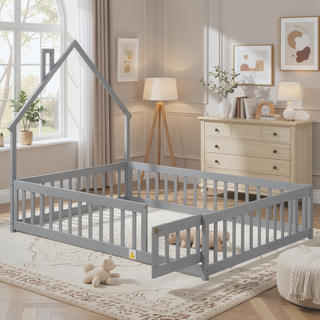 Sunvega Full Size House Shaped Headboard Floor Bed with Safety Fence Guardrails