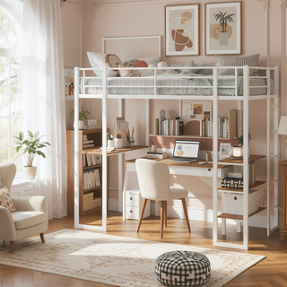 Sunvega Iron Frame Bunk Bed with L-Shaped Desk Stairs on Both Sides for Kids