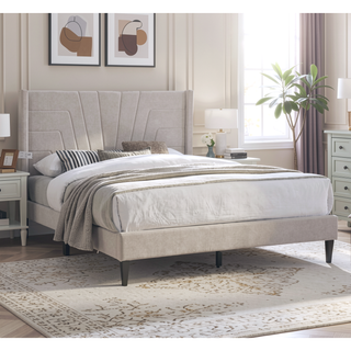 Sunvega Light Brown Queen Size Upholstered Burlap Fabric Headboard Platform Bed