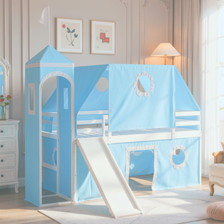Sunvega Twin Size Loft Bed with Slide Blue Tent and Playhouse Tower for Kids
