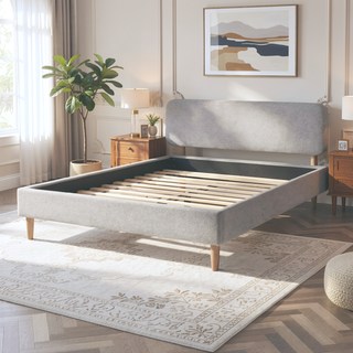Sunvega Low Profile Upholstered Queen Platform Bed with Headboard Light Grey