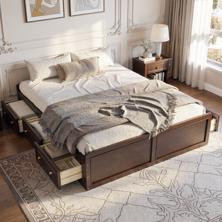 Sunvega Sturdy White Queen Size Platform Bed Frame with 6 Storage Drawers