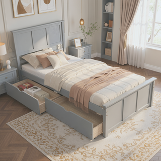 Sunvega Twin Size Platform Bed with Trundle in Espresso Made of Solid Wood