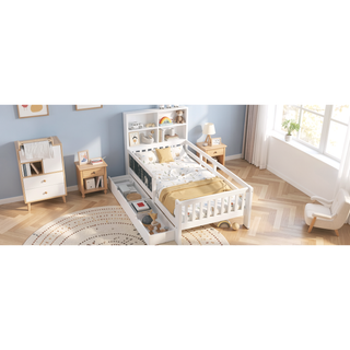 Sunvega Twin Solid Wood Platform Bed with Chalkboard Headboard and Storage Drawers