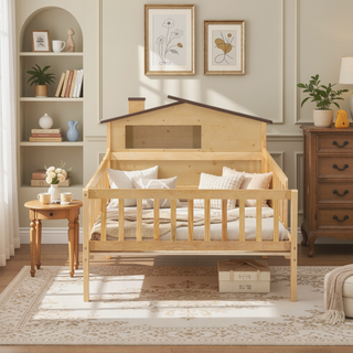 Sunvega Twin Size House Shaped Wood Platform Bed with LED and Built-in Storage