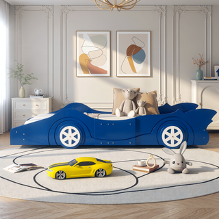 Sunvega Blue Twin Size Race Car-Shaped Platform Bed with Wheels for Kids