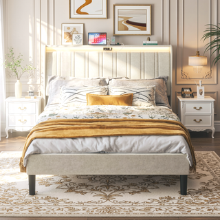Sunvega Full Size Upholstered Platform Bed Frame with Headboard and USB Charging