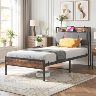 Sunvega Full Size Bed Frame with Storage Headboard and Charging Station Outlets
