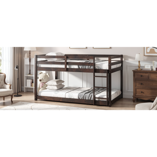 Sunvega Twin over Twin Floor Bunk Bed with Ladder and Strengthened Slats in Espresso