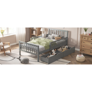 Sunvega Twin Size Walnut Wood Platform Bed with Guardrails and Two Storage Drawers