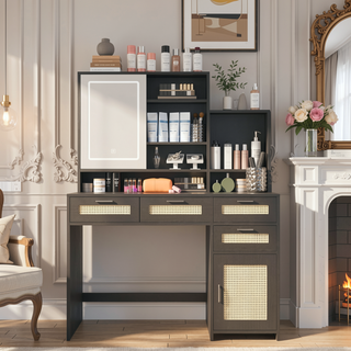 Sunvega Makeup Vanity with 3 Color Lights Openable Mirror 4 Drawers Rattan Dresser