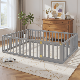 Sunvega Twin Size Wood Floor Bed Frame with Fence and Door in Walnut Finish