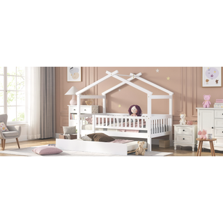 Sunvega Twin Size Wooden House Bed with Trundle and Headboard in Walnut