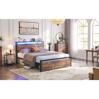 Sunvega Queen Size RGB LED Bed Frame with Storage Headboard and Charging Station