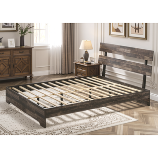 Sunvega Rustic Queen Platform Bed Slat Headboard with Brown Finish Wood Veneers