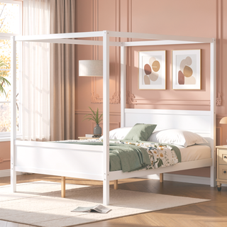 Sunvega Modern White Queen Size Canopy Platform Bed with Headboard and Footboard