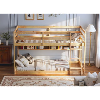 Sunvega Twin over Twin Floor Bunk Bed with Ladder and Strengthened Slats in Espresso