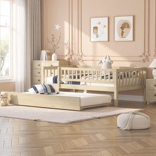 Sunvega Natural Twin Size Wood Daybed with Trundle and Fence Guardrails