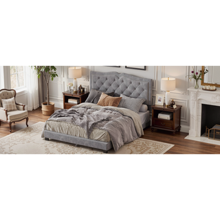 Sunvega Queen Size Upholstered Platform Bed with Tufted Velvet Headboard and Rivet Accents