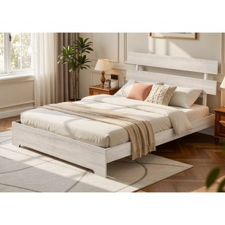 Sunvega Rustic Contemporary Platform Bed Frame with White Wash Finish and Slat Headboard