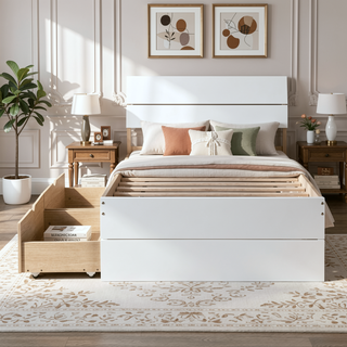 Sunvega Modern White High Gloss Twin Bed Frame with Light Oak Trundle for Space Saving