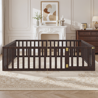 Sunvega Twin Size Wood Floor Bed Frame with Fence and Door in Walnut Finish