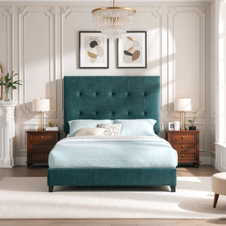 Sunvega Queen Size Green Velvet Tufted Upholstered Platform Bed with Headboard