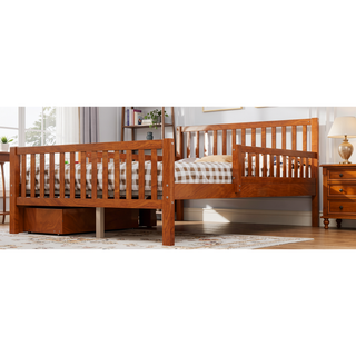 Sunvega Twin Size Walnut Wood Platform Bed with Guardrails and Two Storage Drawers