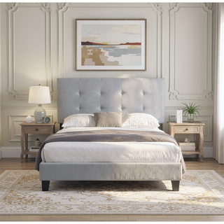Sunvega King Size Upholstered Platform Bed with Button Tufted Linen Headboard