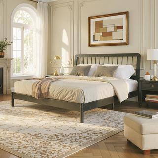 Sunvega Solid Pine Wood King Spindle Bed with Slat-Back Design
