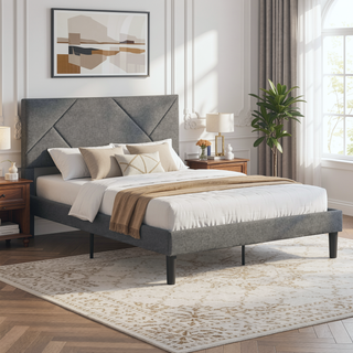 Sunvega Full Size Upholstered Platform Bed Frame with Headboard and Wood Slat Support
