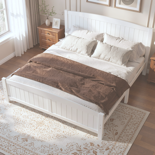 Sunvega White Solid Wood Queen Platform Bed with Slats No Box Spring Needed