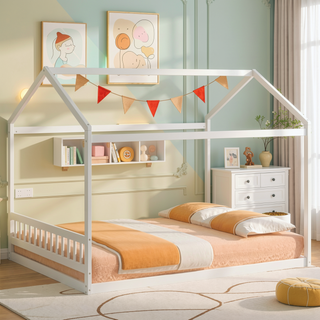 Sunvega Queen Size White House Shaped Bed with Headboard Made of Pine Wood