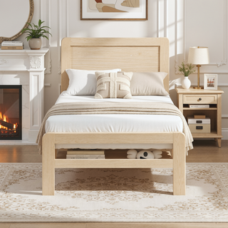 Sunvega Contemporary Natural Finish Full Size Platform Bed Frame with Headboard
