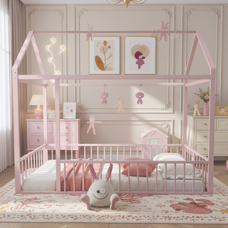 Sunvega Full Size Playhouse Metal Bed Frame with Fence for Kids and Teens