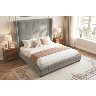Sunvega Queen Upholstered Pleated Bed in a Box with Sturdy Dark Brown Frame