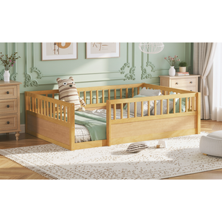 Sunvega Montessori Wooden Children's Floor Bed Frame with High Safety Fence