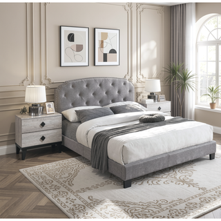 Sunvega Light Gray Burlap Button Tufted Headboard Full Size Bed with Nailhead Trim