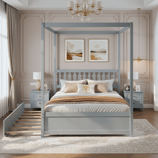 Sunvega Full Size House Canopy Bed Frame with Twin Trundle and Headboard Grey