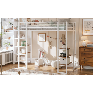 Sunvega Iron Frame Bunk Bed with L-Shaped Desk Stairs on Both Sides for Kids