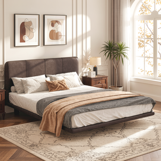 Sunvega Floating Bed Frame with Modern PU Leather Upholstery and Remote LED Lights Queen Size