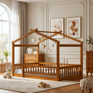 Sunvega Full Size House Bed Frame with Playhouse Fence and Roof for Kids