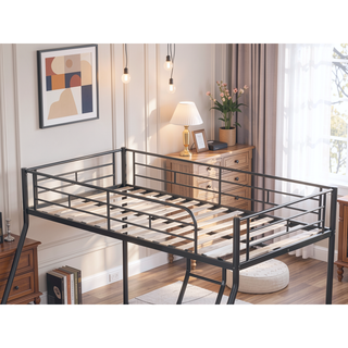 Sunvega Durable Metal Twin over Full Bunk Bed with Guardrails and Wooden Slats