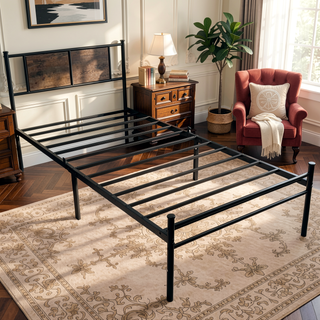Sunvega Sturdy Twin Bed Frame with Wood Headboard Footboard and Metal Slats Support
