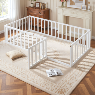 Sunvega Twin Size Wood Floor Bed Frame with Fence and Door in Walnut Finish